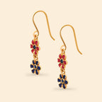 Gold dangle earrings with red and blue flower charms, handcrafted gemstone jewelry
