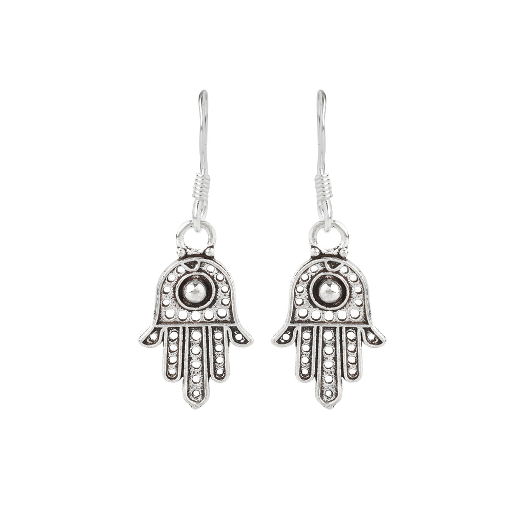 Close-up of Hamsa hand 925 sterling silver drop earrings with dotted detailing by Jewelry by Crimson
