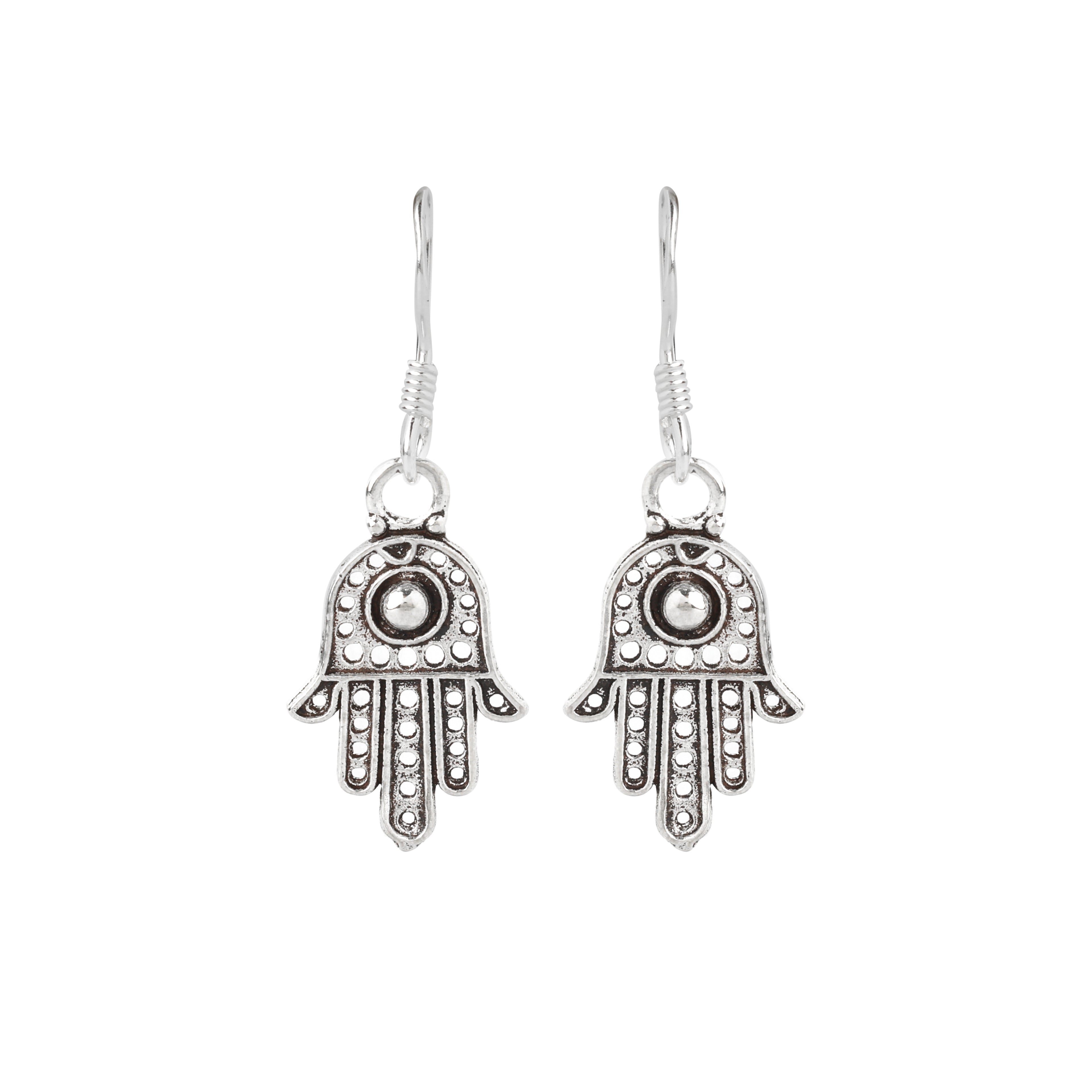 Close-up of Hamsa hand 925 sterling silver drop earrings with dotted detailing by Jewelry by Crimson