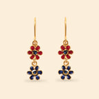 Gold flower drop earrings with red and blue gemstone petals, elegant handmade jewelry