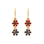 Gold flower drop earrings with red and blue gemstone petals, elegant handmade jewelry design
