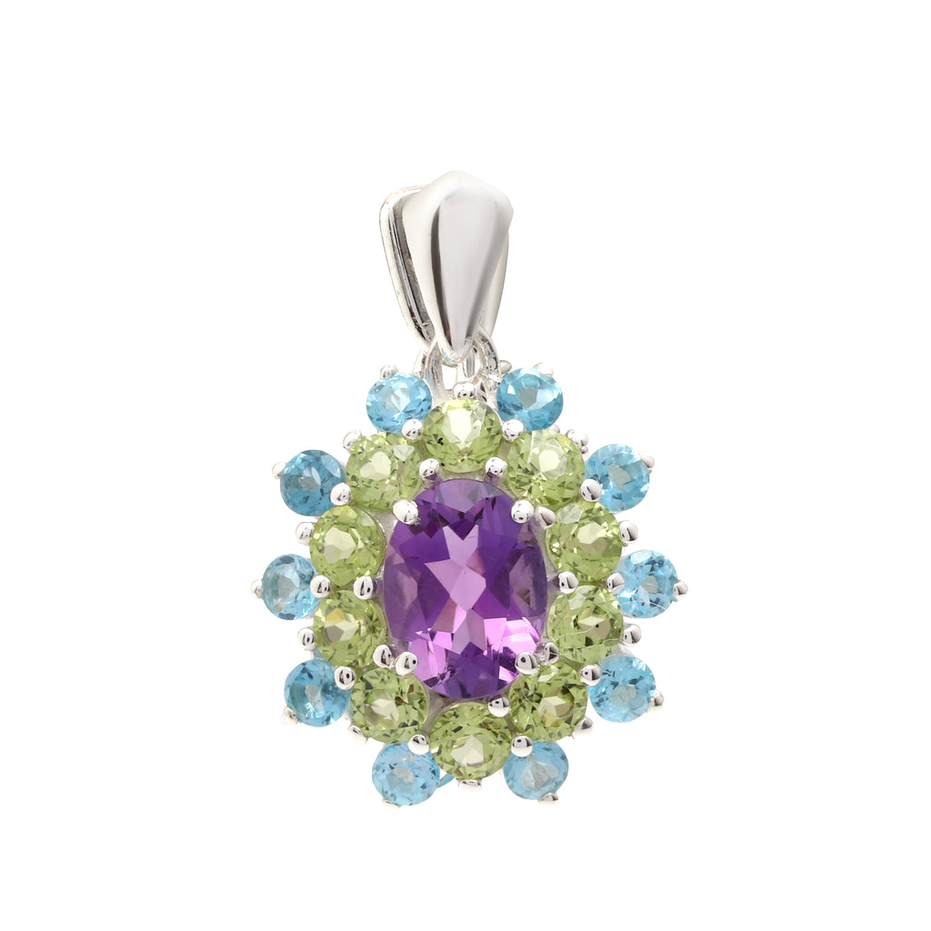 Amethyst, Peridot & Blue Topaz Flower Cluster Pendant in 925 Sterling Silver