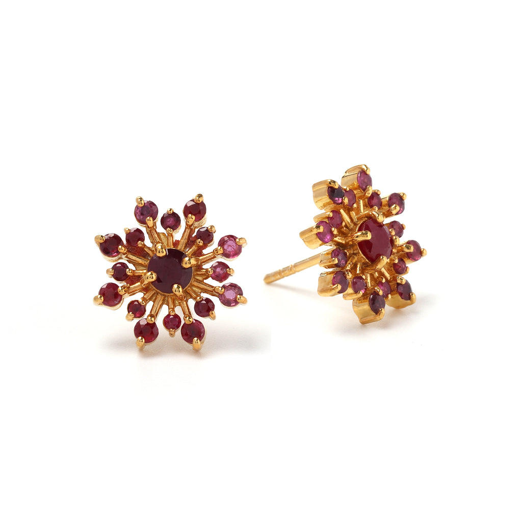 Floral ruby stud earrings crafted in hypoallergenic 925 sterling silver, elegant everyday design