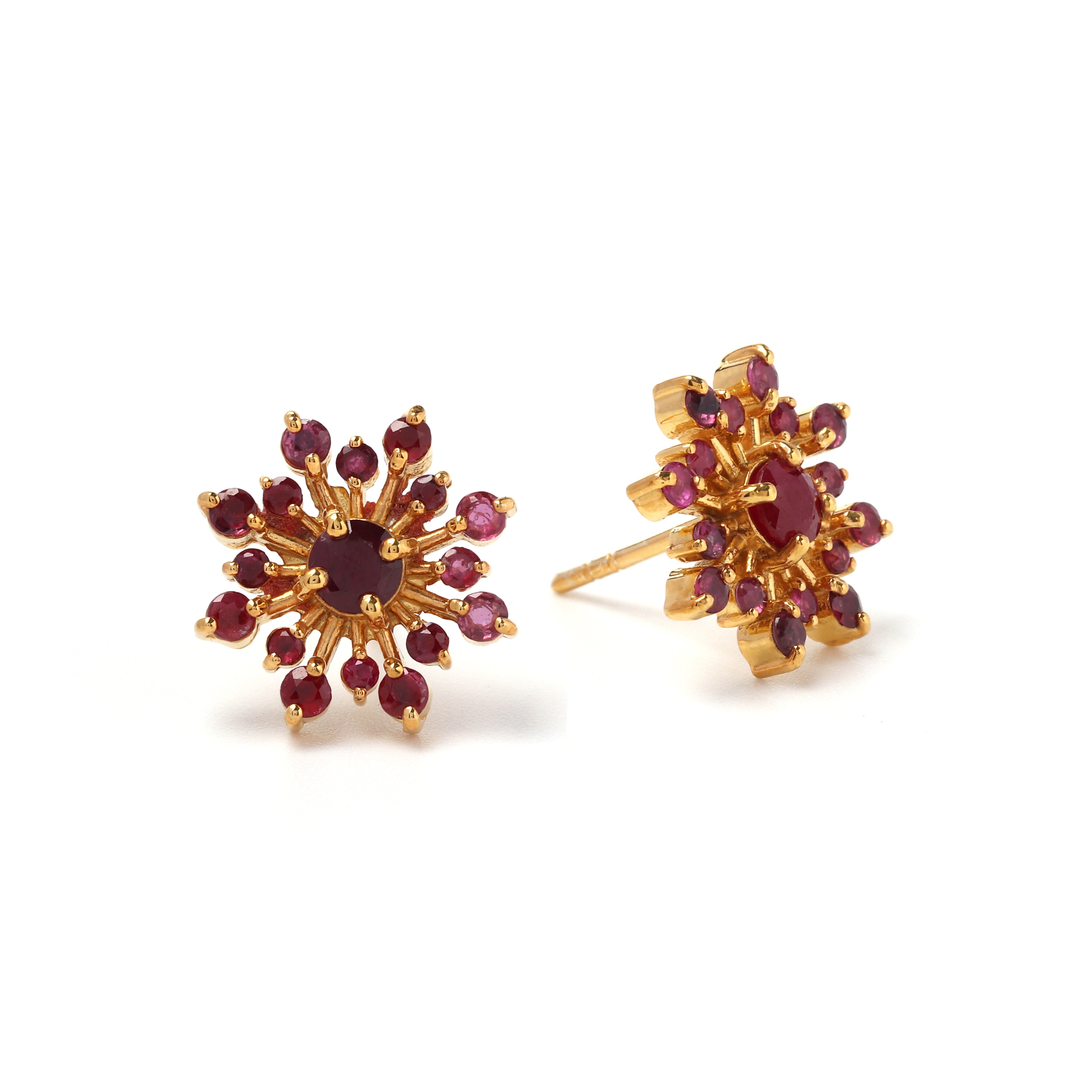 Floral ruby stud earrings crafted in hypoallergenic 925 sterling silver, elegant everyday design