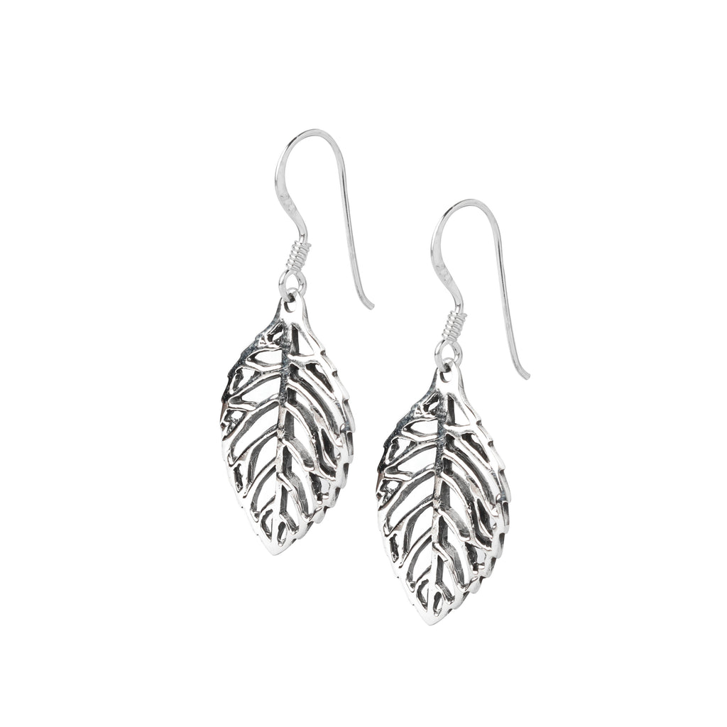 Detailed texture view of openwork leaf motif in polished sterling silver earrings