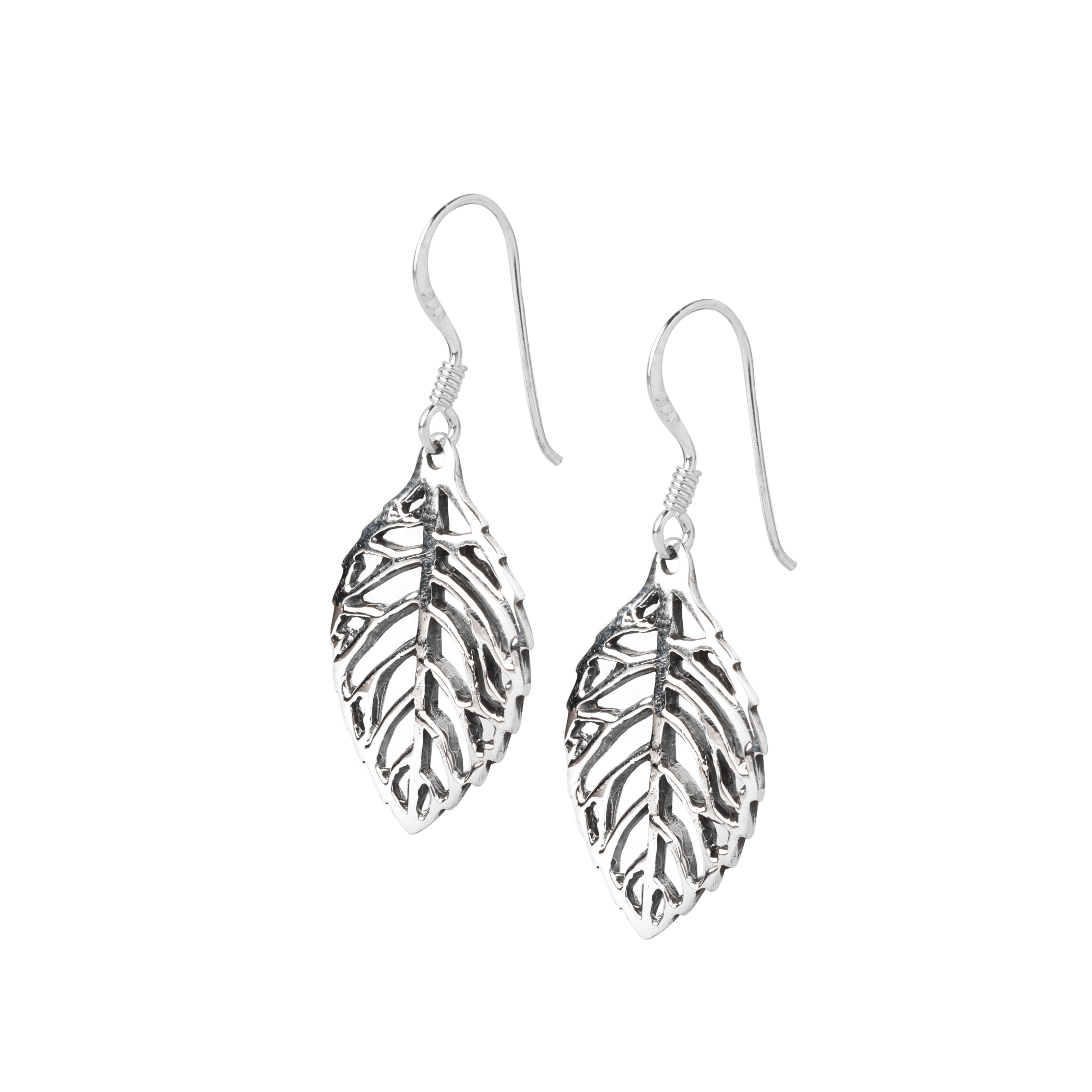 Detailed texture view of openwork leaf motif in polished sterling silver earrings
