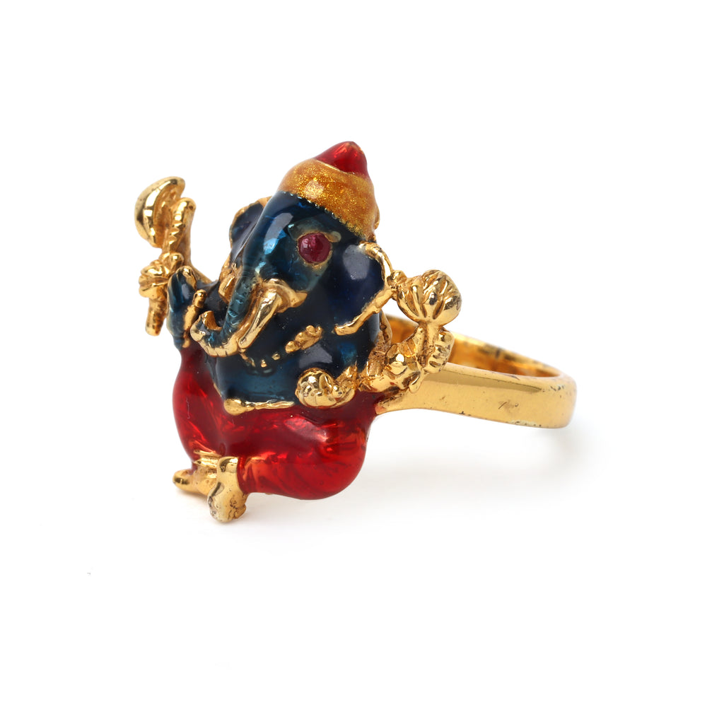 Handcrafted Ganesha ring with natural ruby accents and enamel detailing