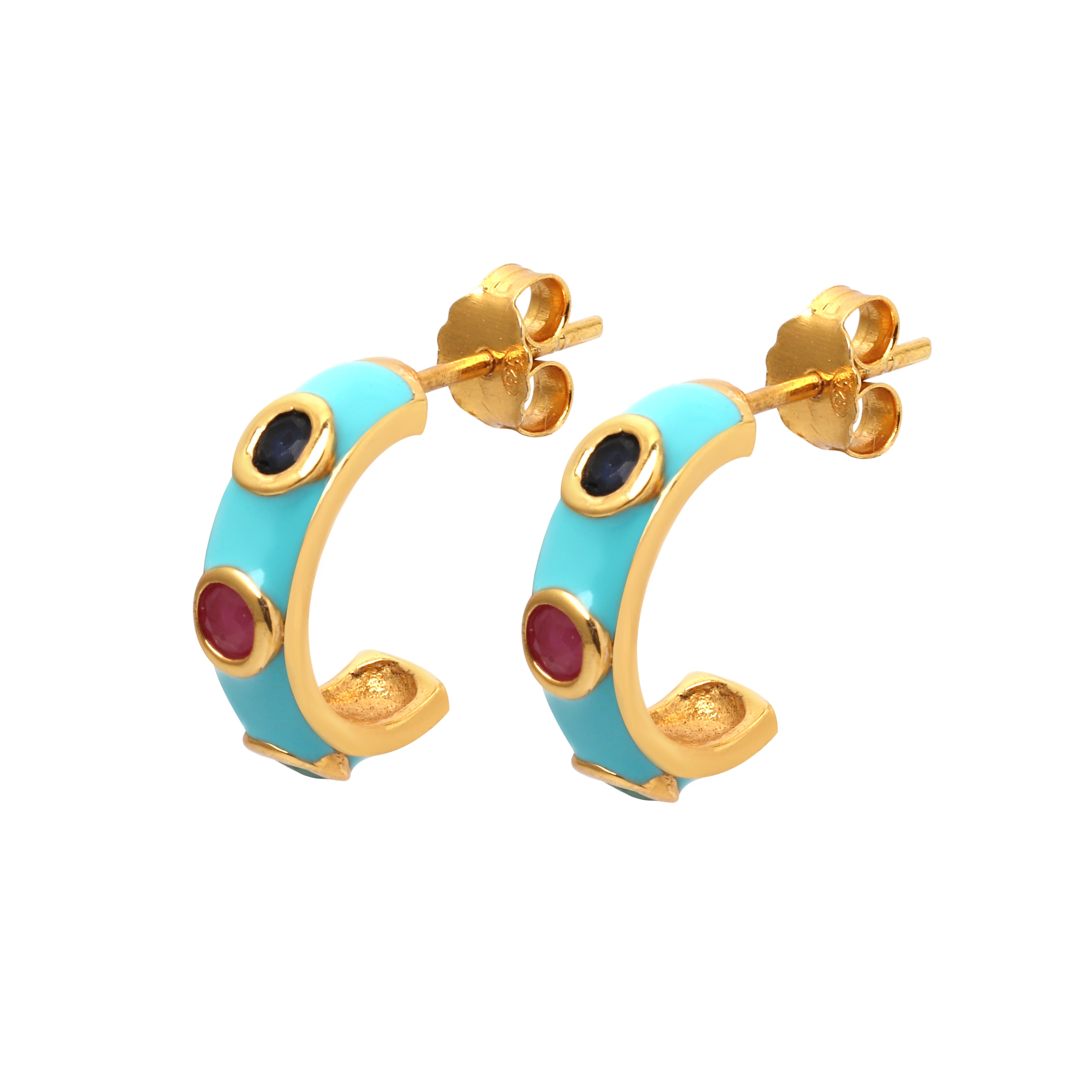 Handcrafted huggie earrings with ruby sapphire and emerald gemstones