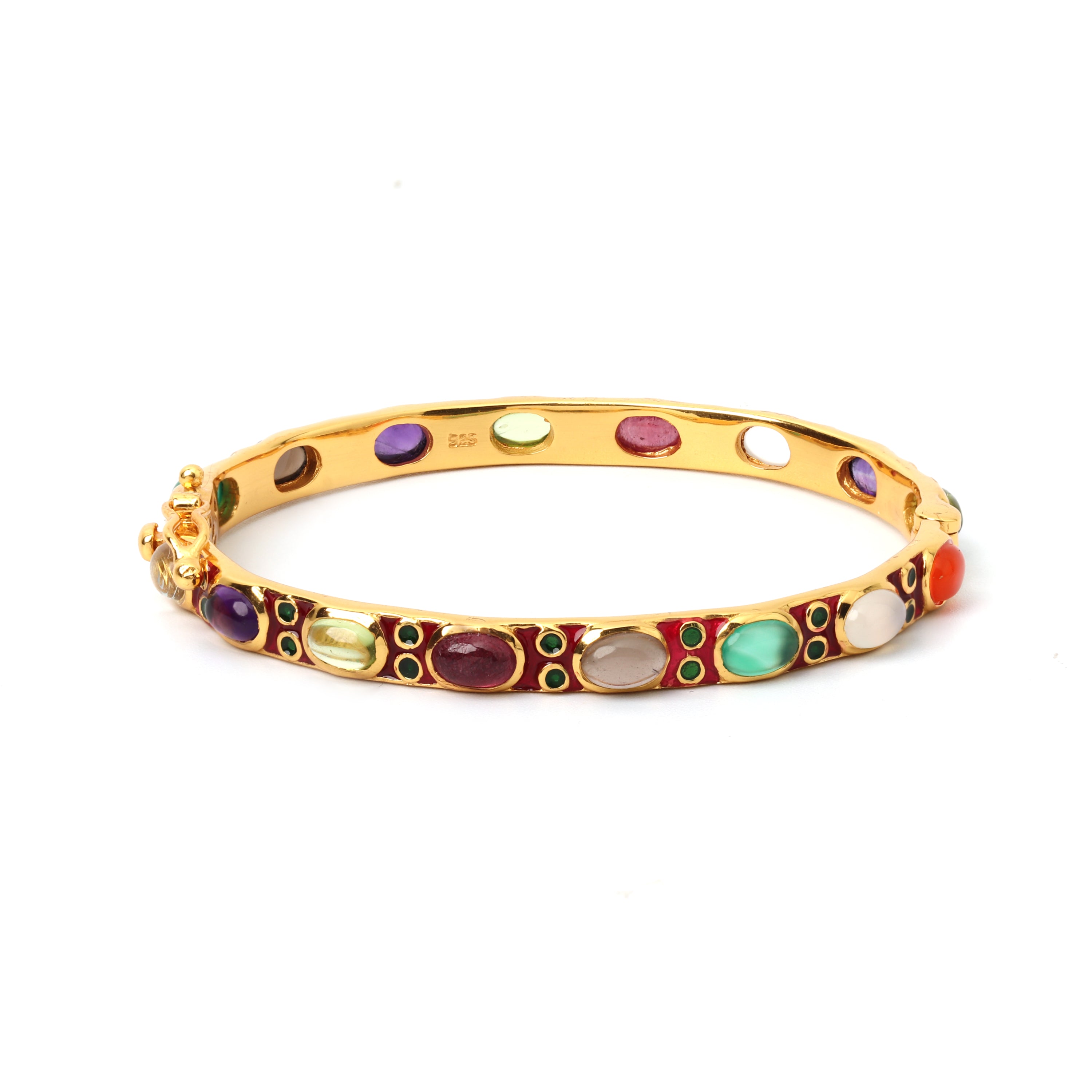 Gold plated multi gemstone bangle in 925 sterling silver with red enamel accents