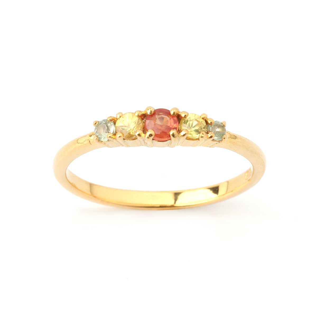 Rainbow fancy sapphire five stone ring in 18K gold plated sterling silver by Jewelry By Crimson