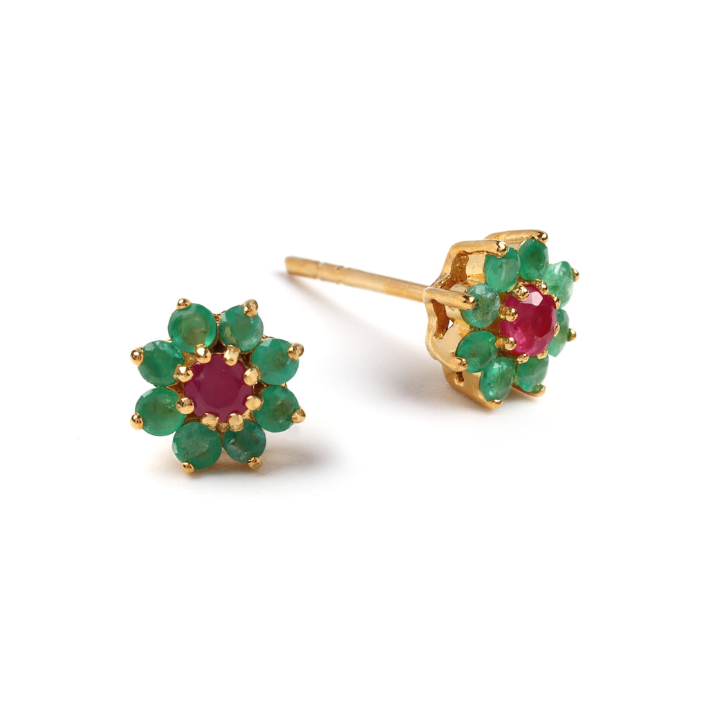 Floral emerald and ruby stud earrings in 925 sterling silver, lightweight hypoallergenic design
