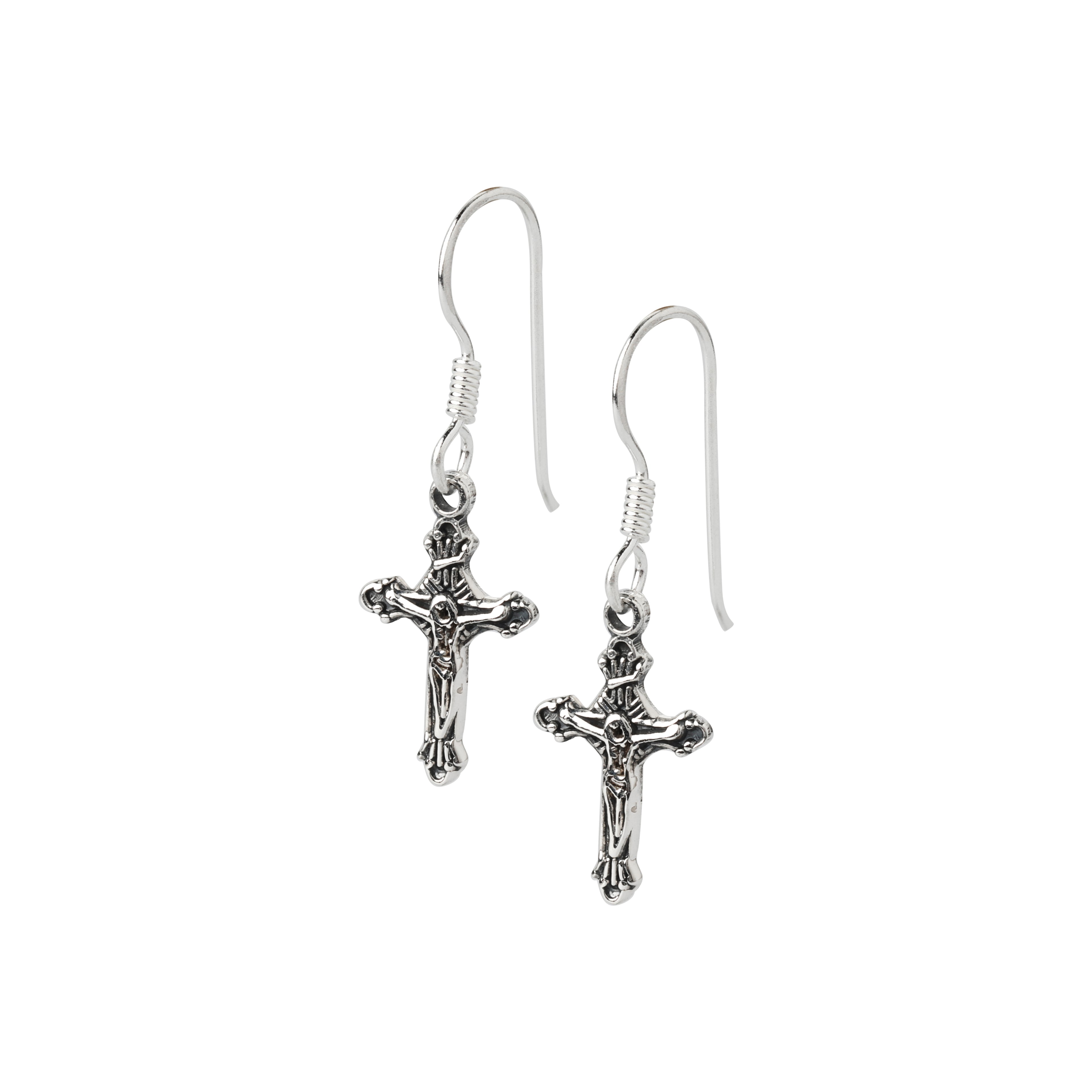 Detailed view of sculpted cross motif in lightweight 925 sterling silver earrings