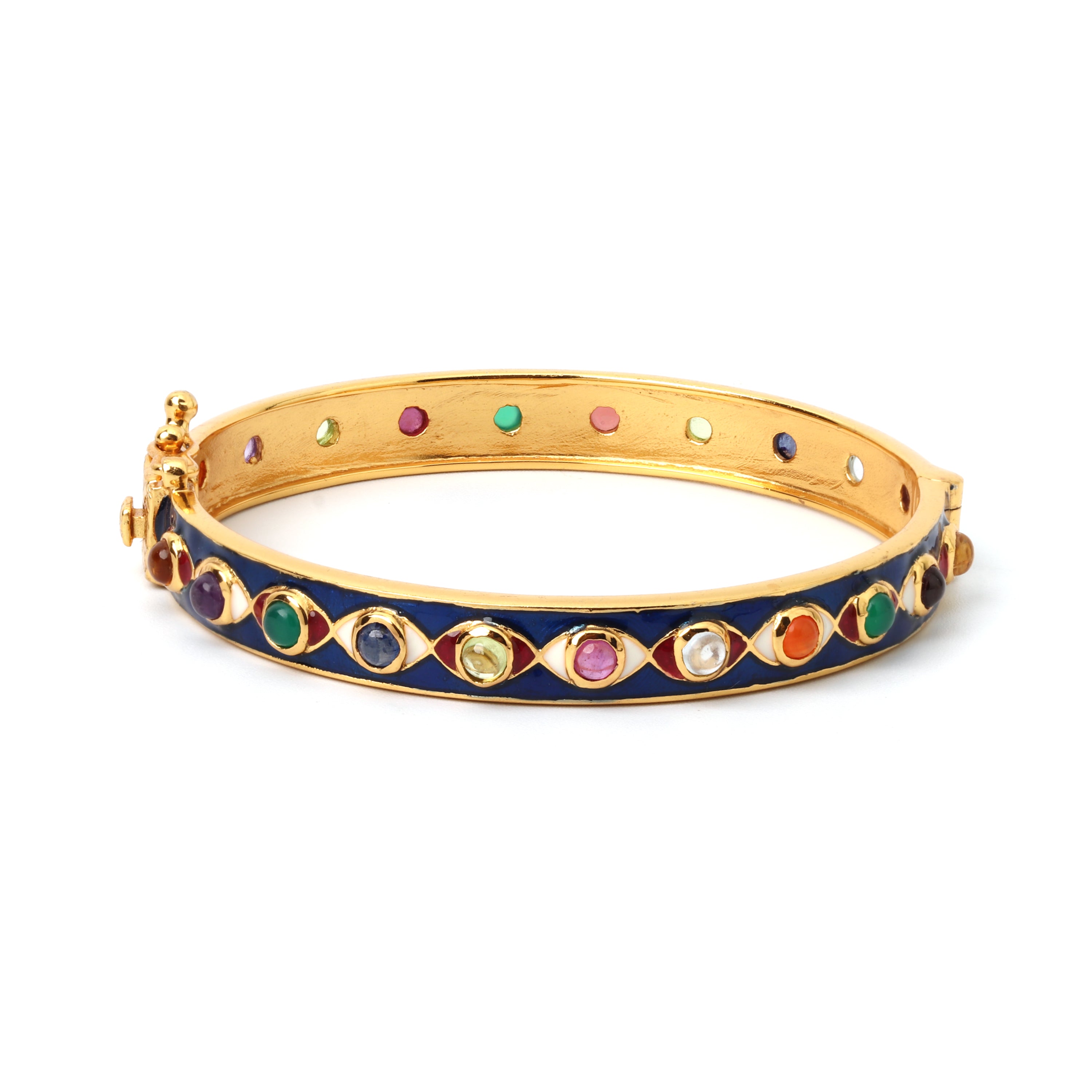 Gold plated multi gem bangle in 925 sterling silver with blue enamel