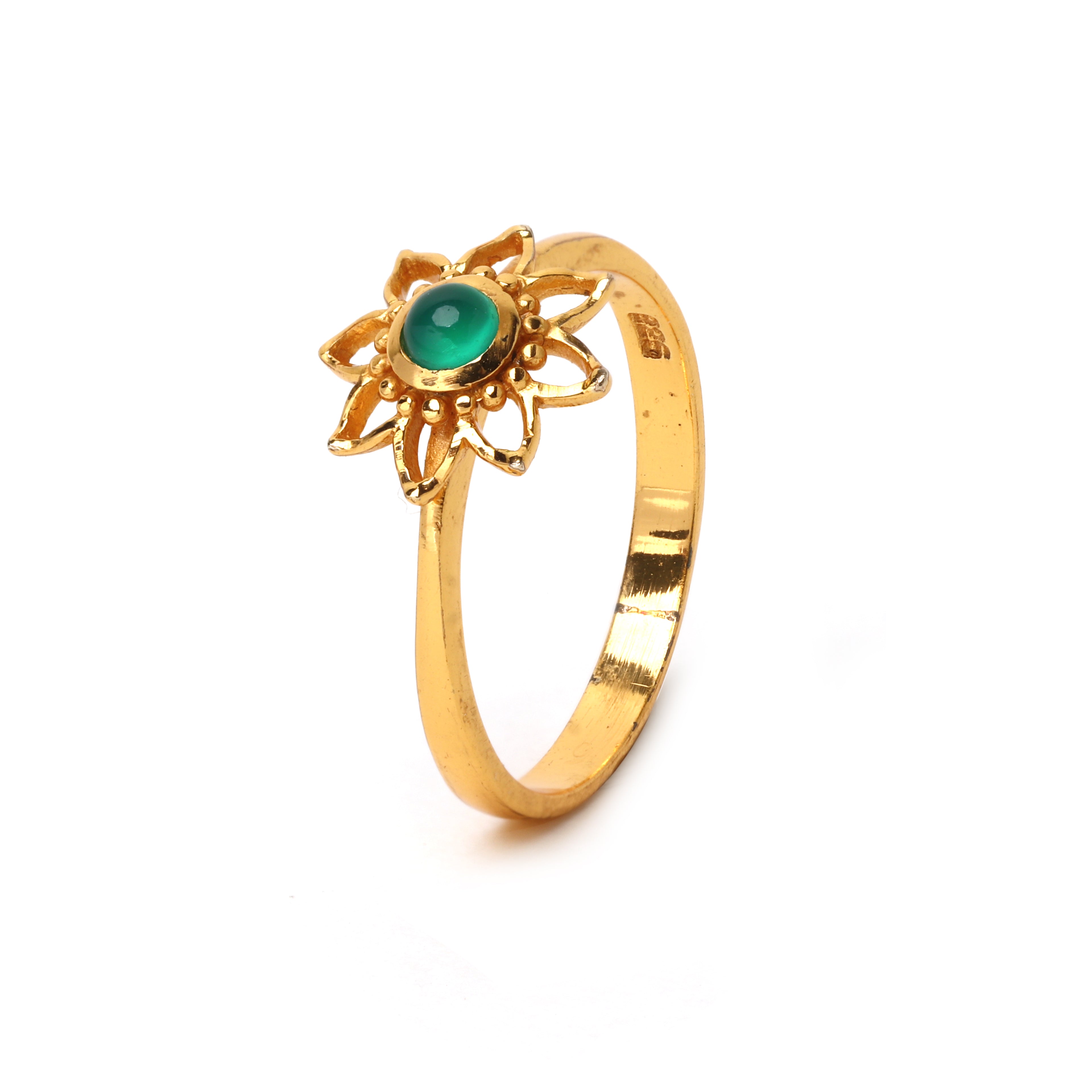 Gold plated green gemstone ring with floral design