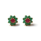 Ruby and emerald flower stud earrings in gold, handcrafted gemstone jewelry