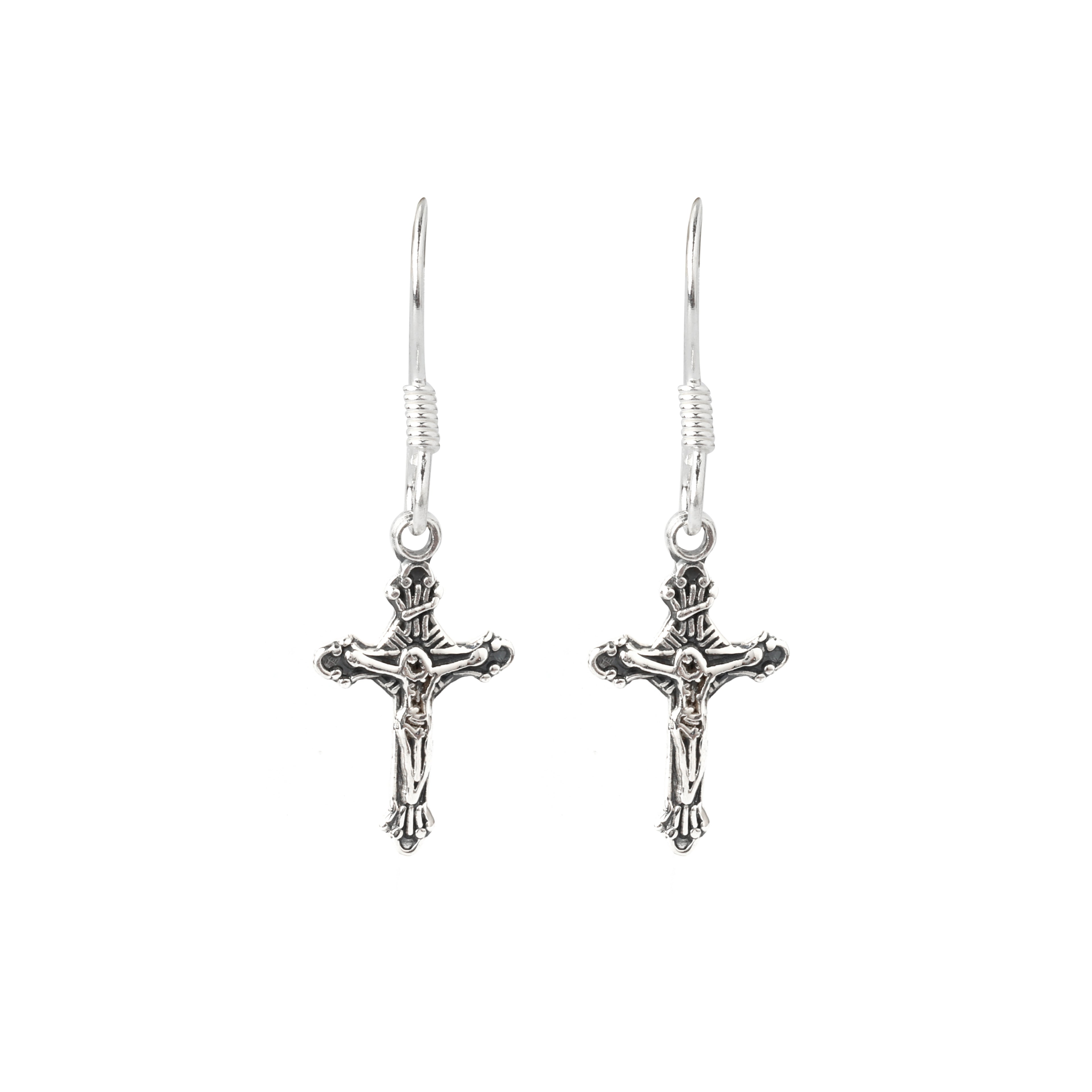 Close-up of cross-shaped 925 sterling silver drop earrings with polished finish by Jewelry by Crimson