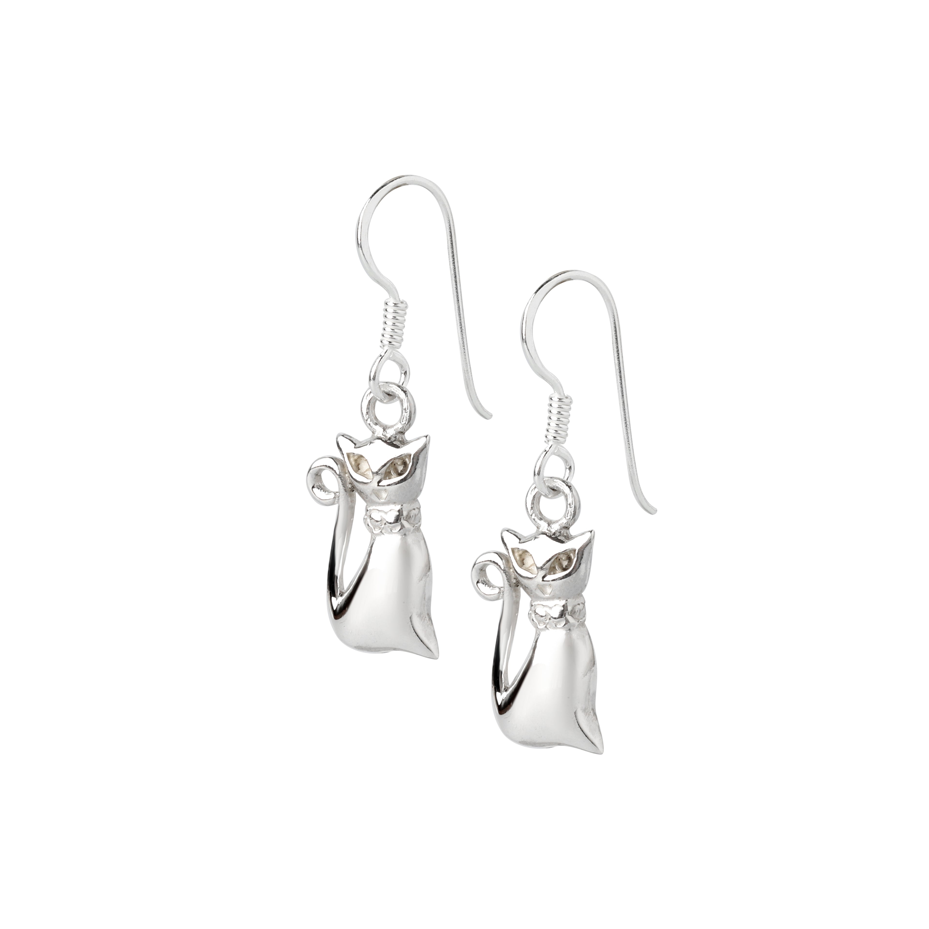 Detail view of smooth sculpted cat motif in hypoallergenic 925 sterling silver earrings