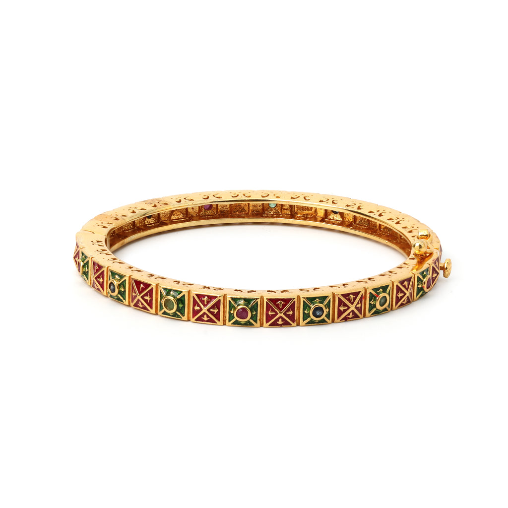 Gold plated multi gemstone bangle in 925 sterling silver with red and green enamel accents