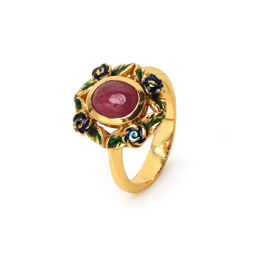 Ruby flower ring with artisan enamel detailing