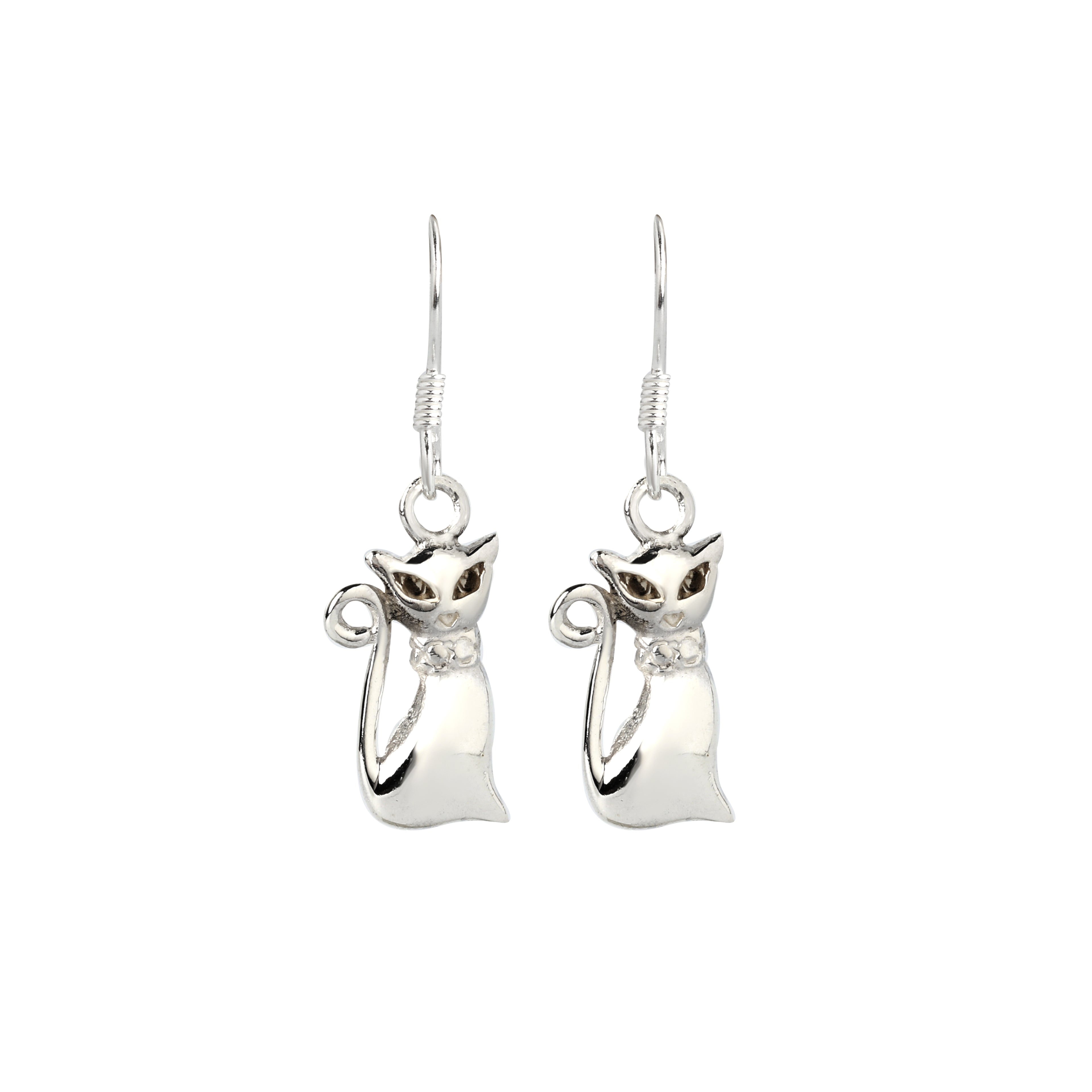 Close-up of cat-shaped 925 sterling silver drop earrings with high-polish finish by Jewelry by Crimson