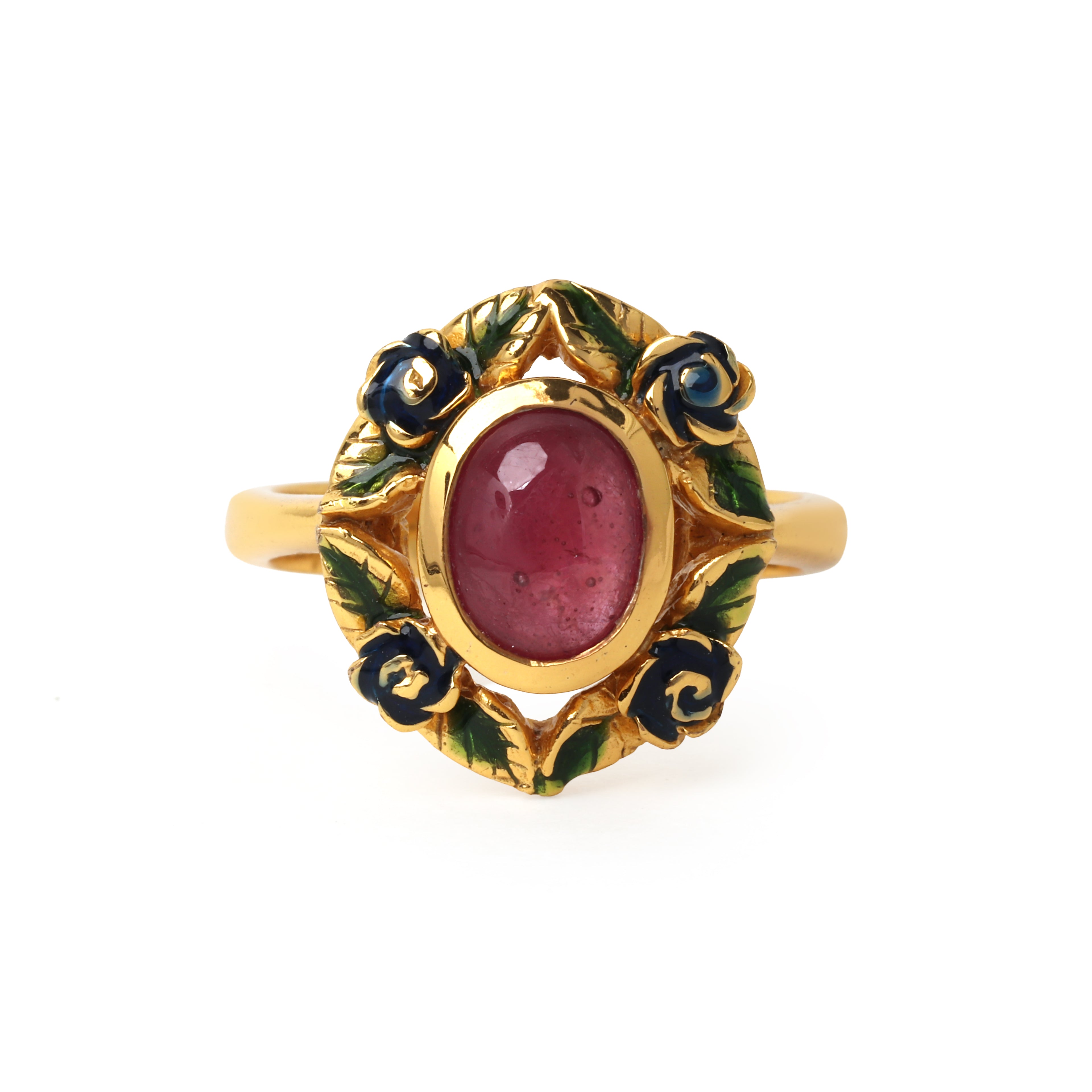 Natural ruby floral ring in gold plated sterling silver