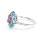 Amethyst & Blue Topaz Flower Halo Ring in 925 Sterling Silver
