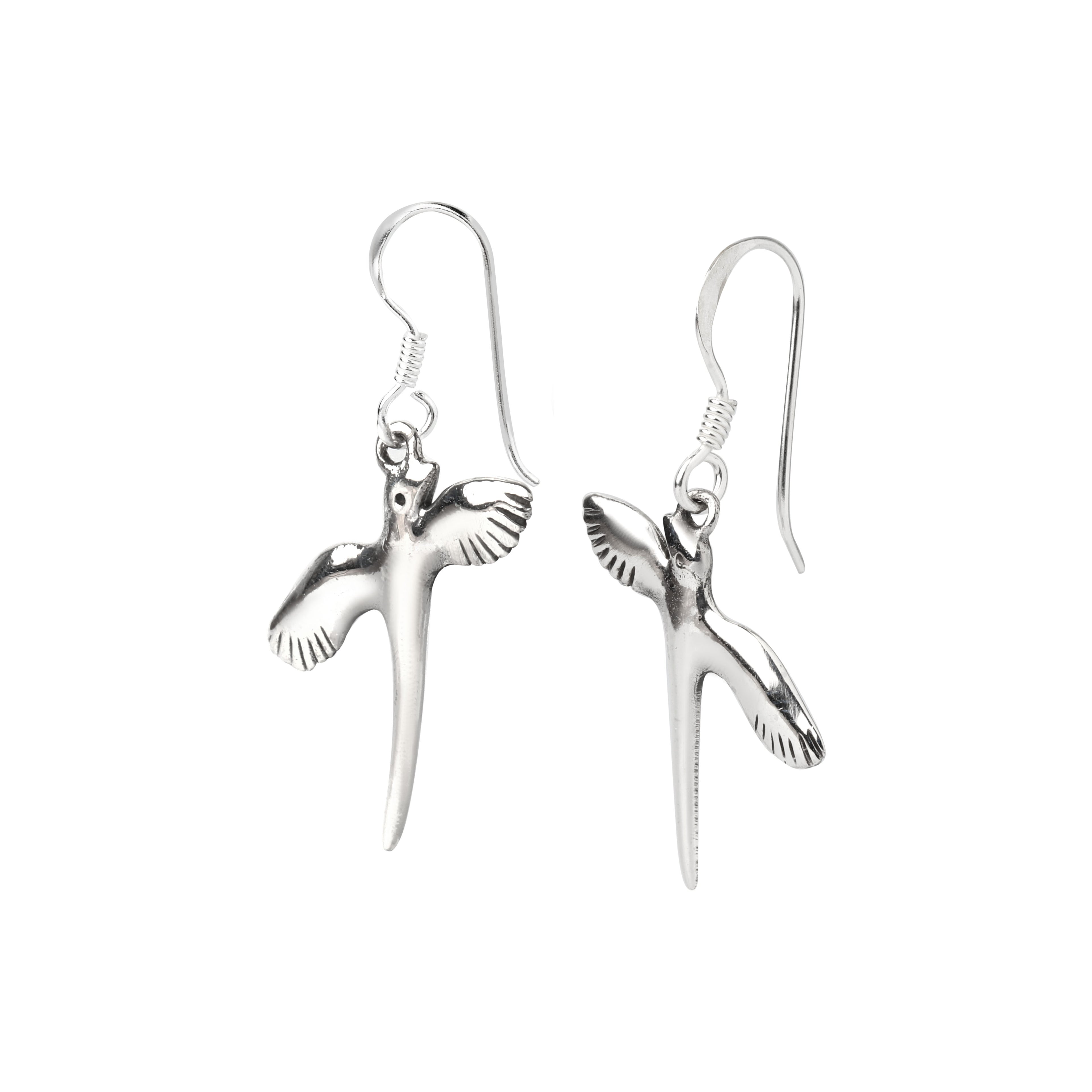 Bird drop earrings in 925 sterling silver showing polished bird-in-flight design with detailed wings