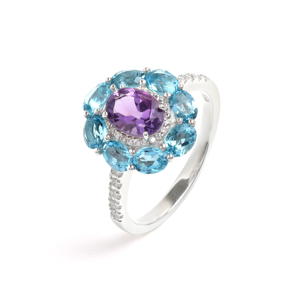 Amethyst & Blue Topaz Flower Halo Ring in 925 Sterling Silver