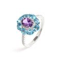 Amethyst & Blue Topaz Flower Halo Ring in 925 Sterling Silver