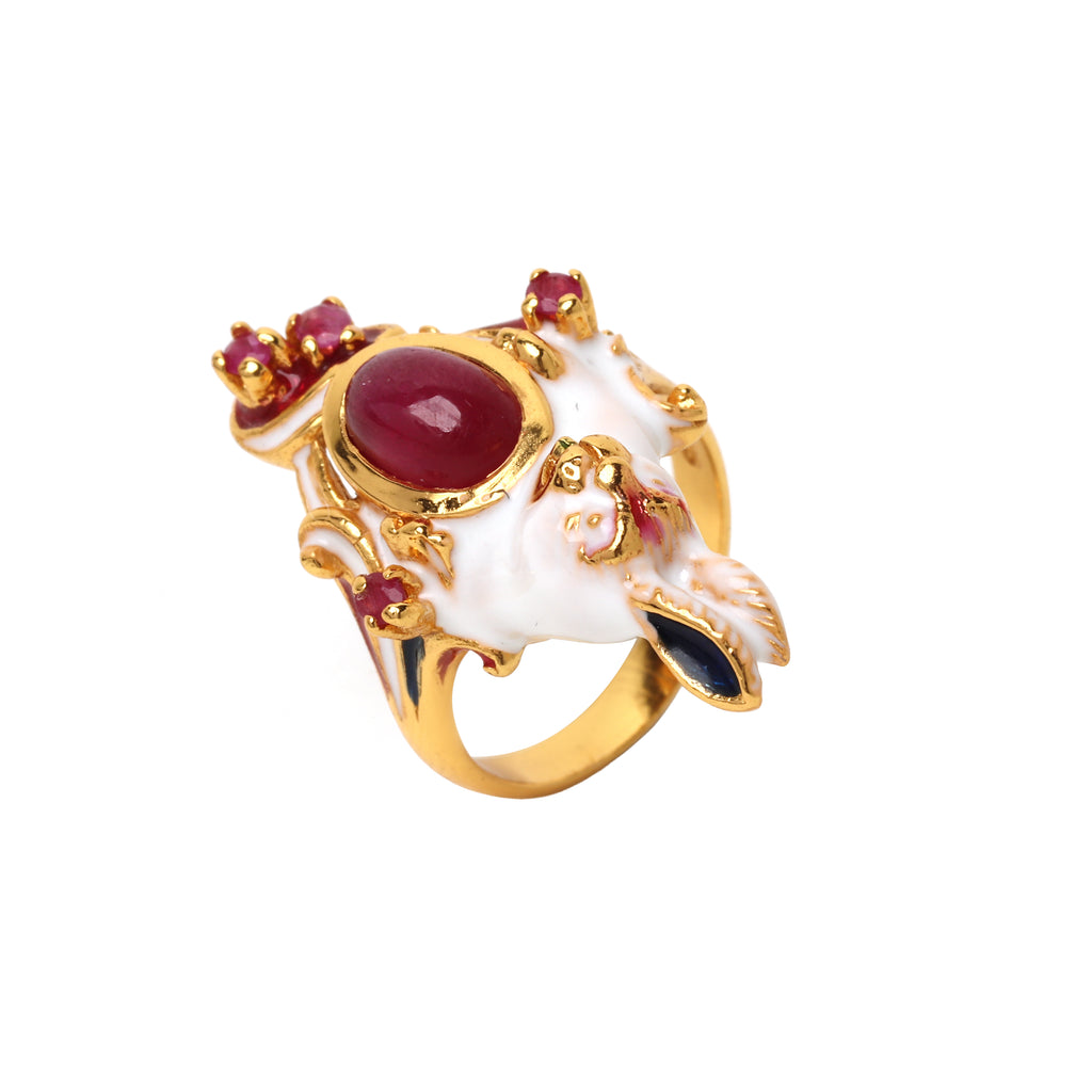 Gold plated sterling silver rabbit ring with ruby gemstone