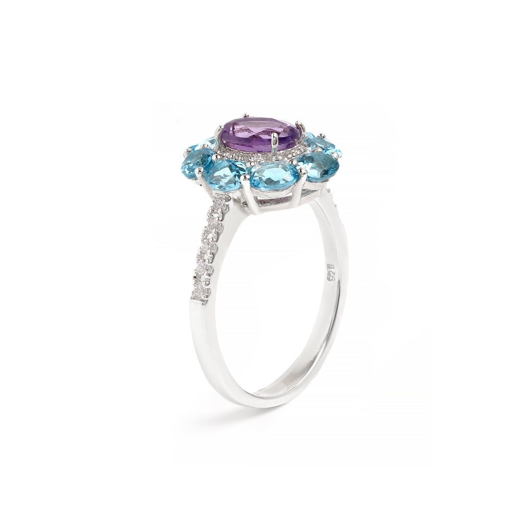 Amethyst & Blue Topaz Flower Halo Ring in 925 Sterling Silver