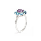 Amethyst & Blue Topaz Flower Halo Ring in 925 Sterling Silver