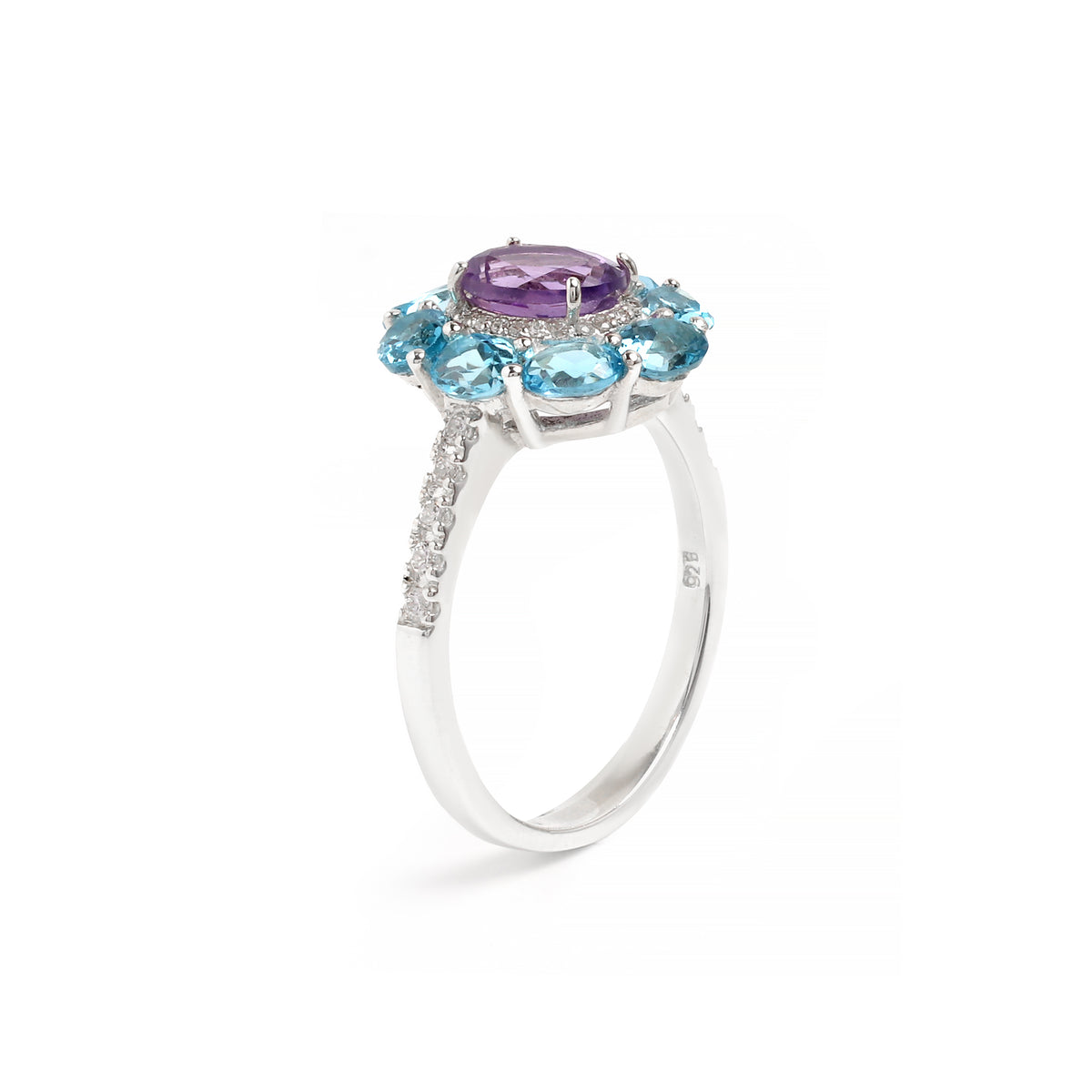 Amethyst & Blue Topaz Flower Halo Ring in 925 Sterling Silver