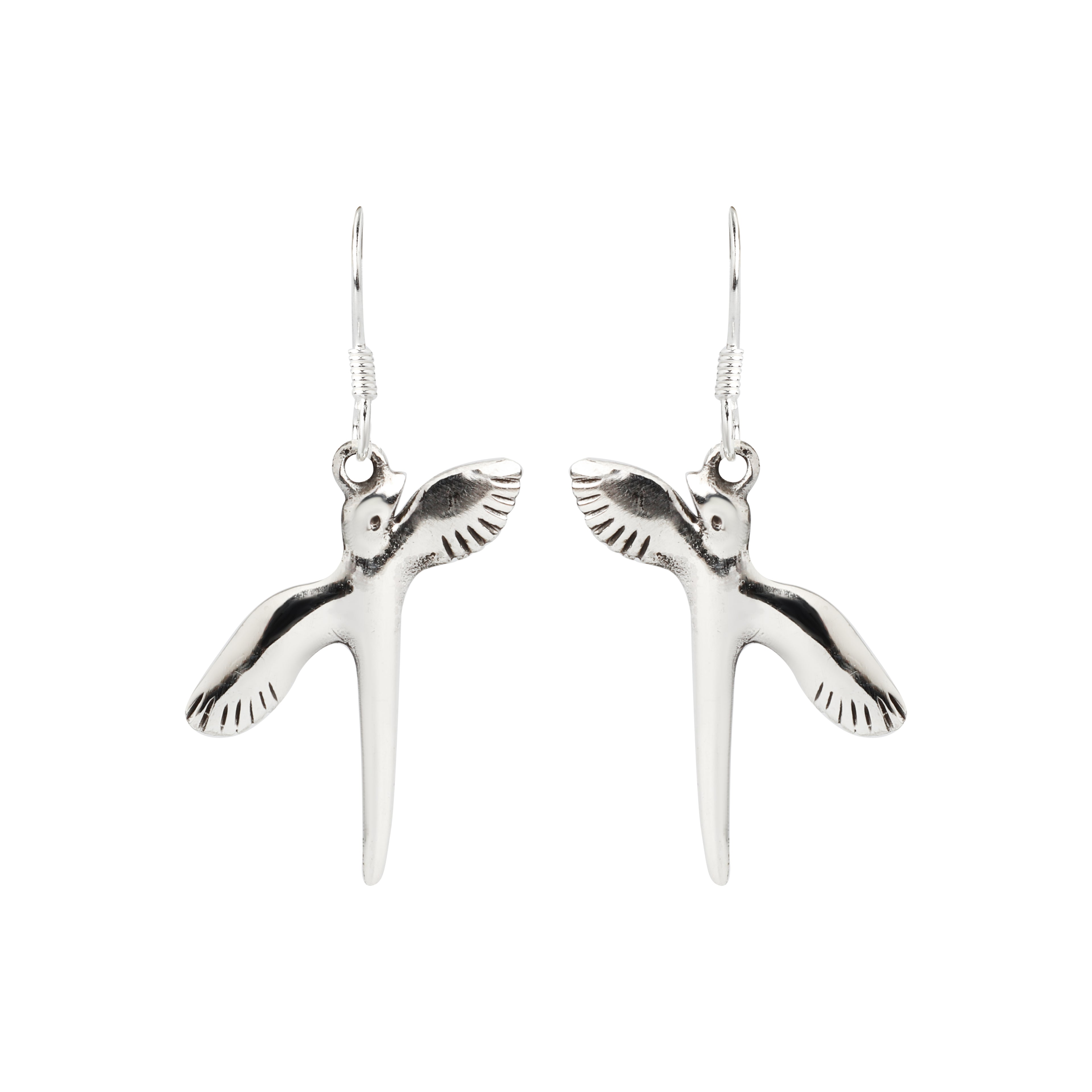Minimalist bird silver earrings with elongated drop silhouette and high-polish finish
