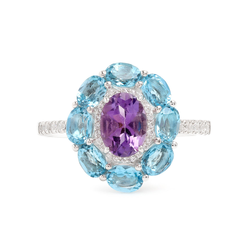 Amethyst & Blue Topaz Flower Halo Ring in 925 Sterling Silver