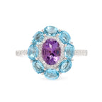 Amethyst & Blue Topaz Flower Halo Ring in 925 Sterling Silver