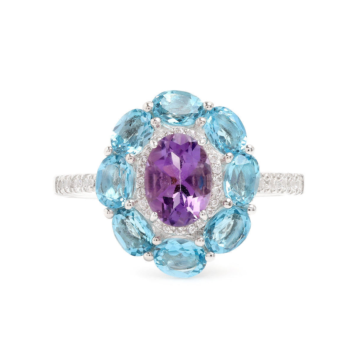 Amethyst & Blue Topaz Flower Halo Ring in 925 Sterling Silver