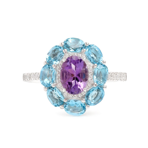 Amethyst & Blue Topaz Flower Halo Ring in 925 Sterling Silver