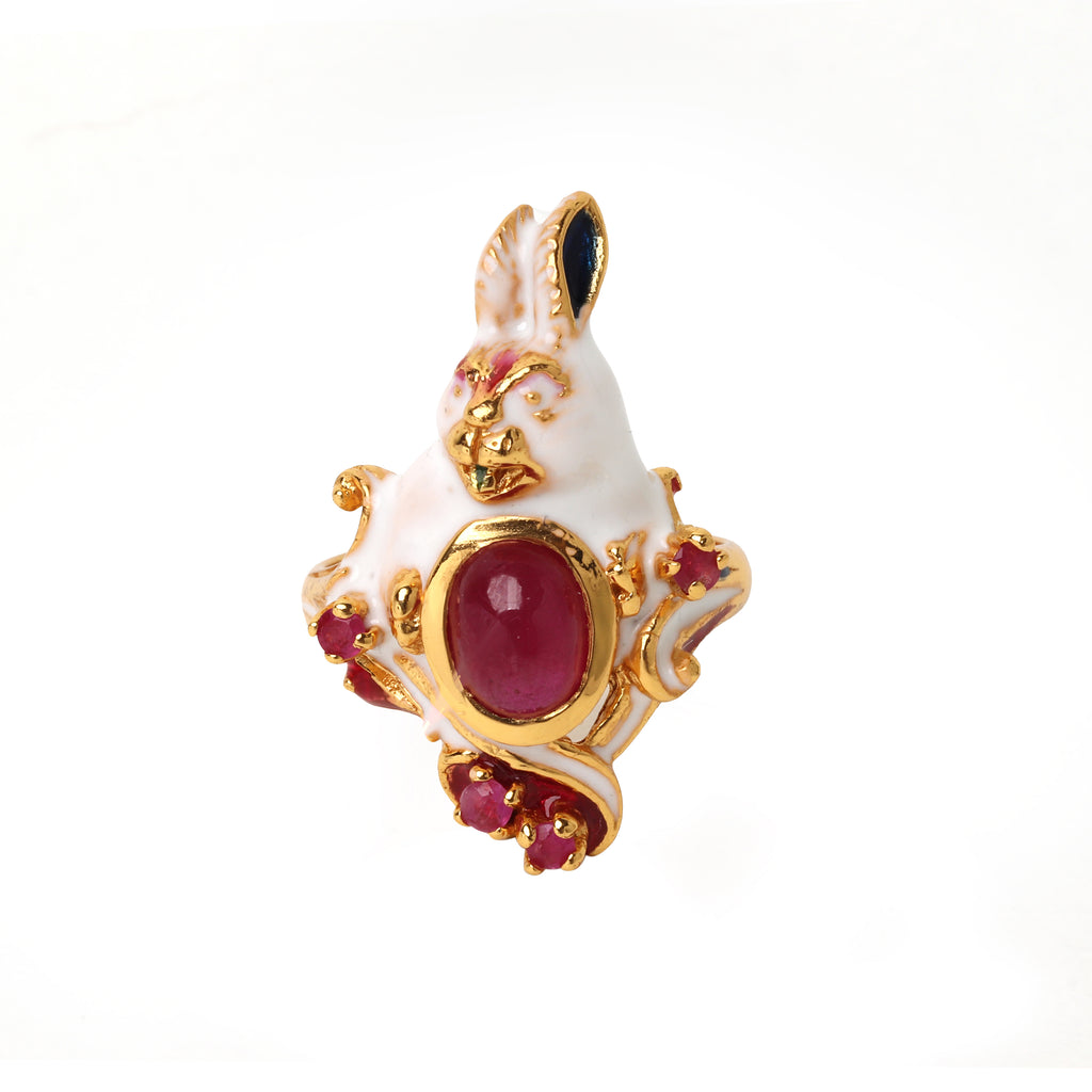 Ruby rabbit ring in gold plated sterling silver