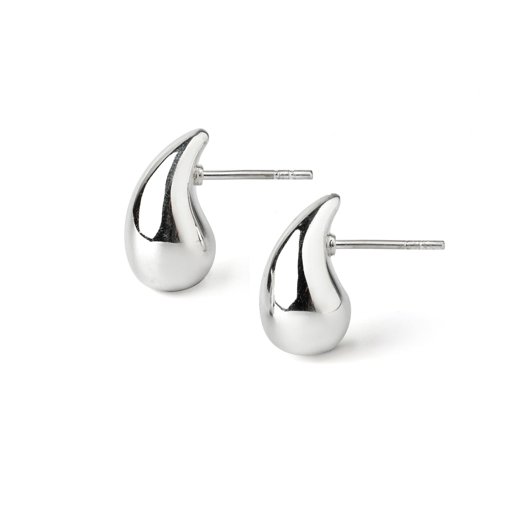 Side view of minimalist teardrop stud earrings in hypoallergenic 925 sterling silver