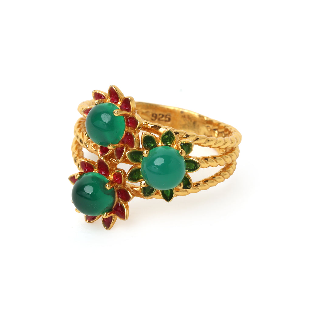 Green onyx floral ring in gold plated sterling silver