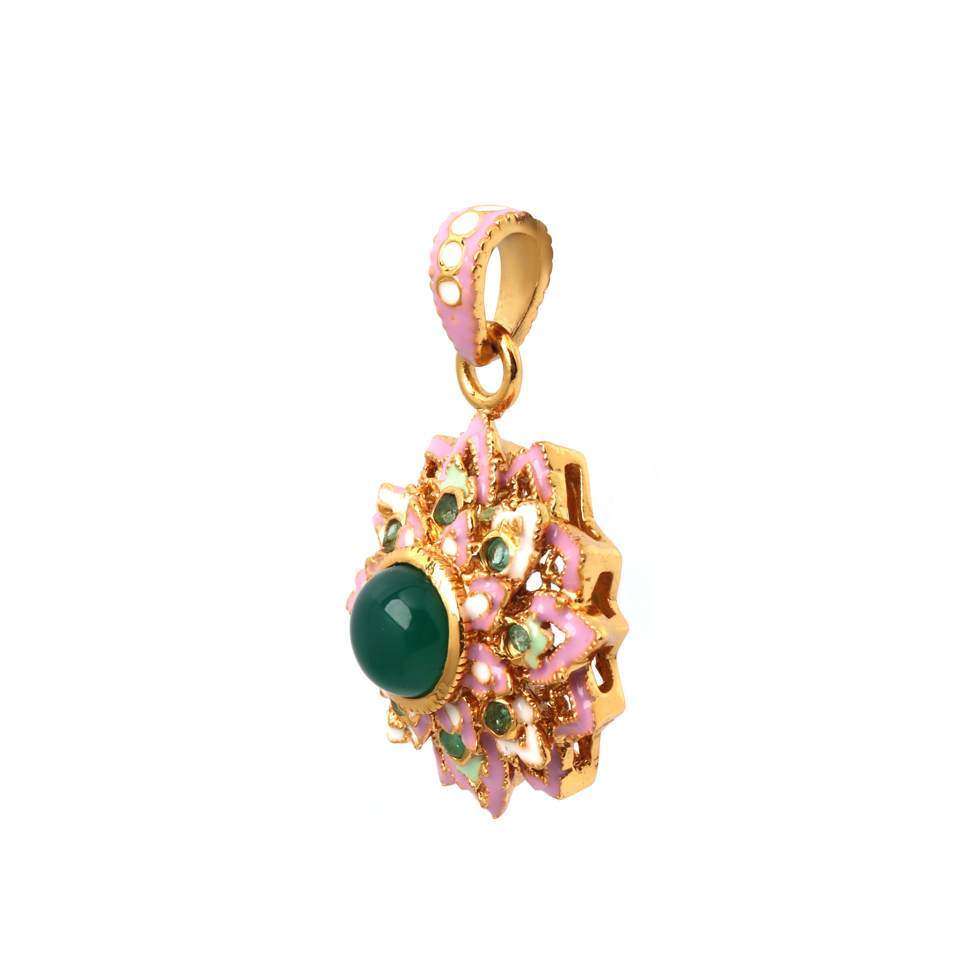 Floral gemstone pendant featuring green onyx and enamel detailing