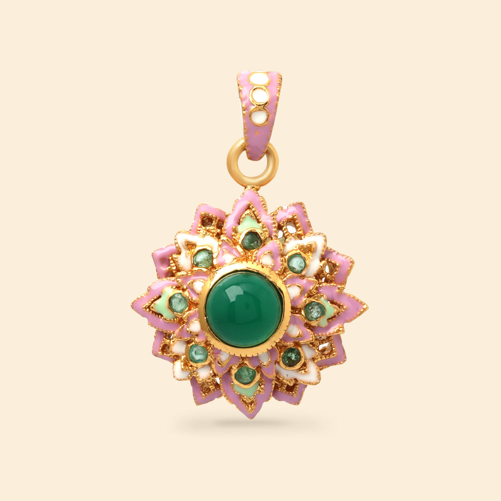 Gold plated floral pendant with green onyx cabochon