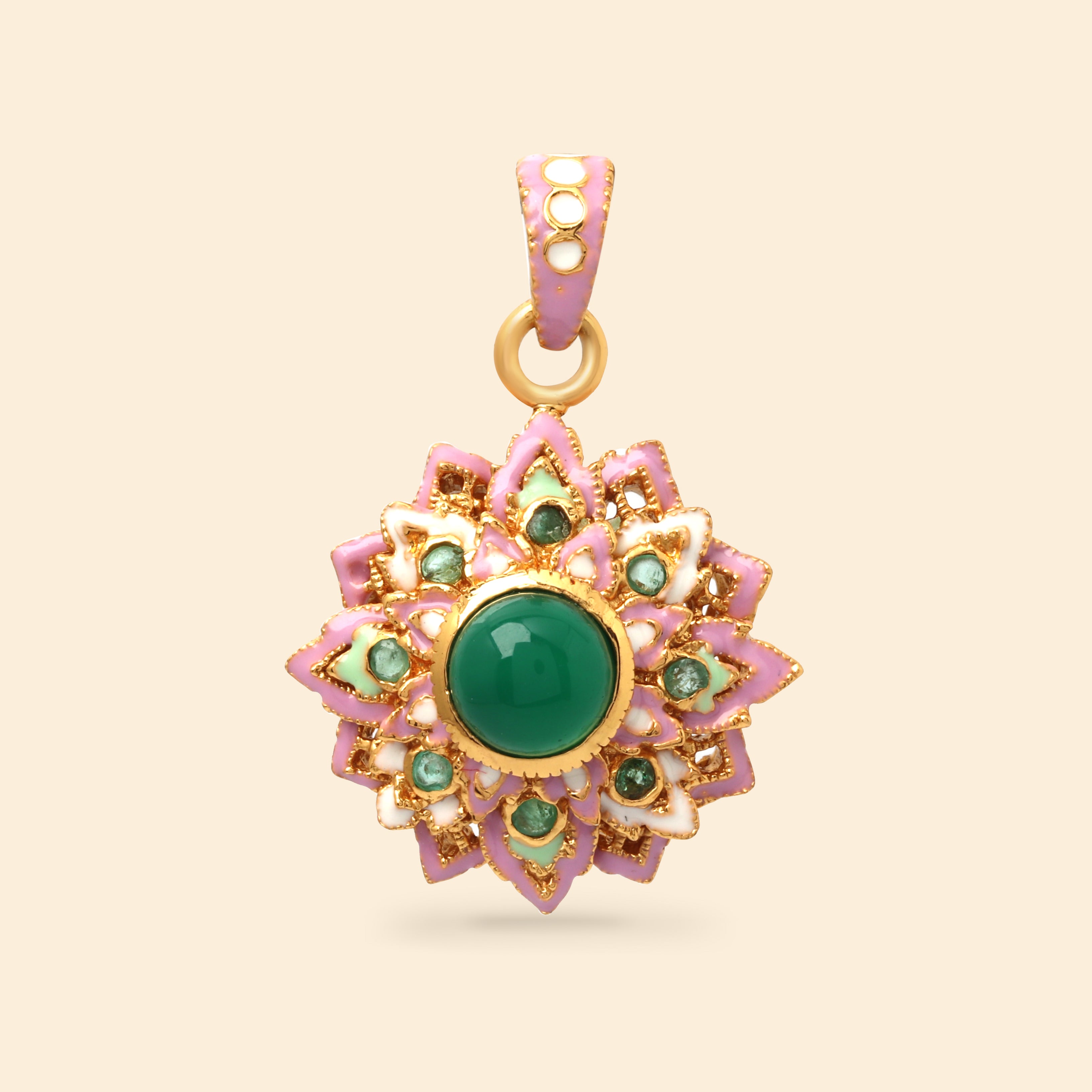 Gold plated floral pendant with green onyx cabochon
