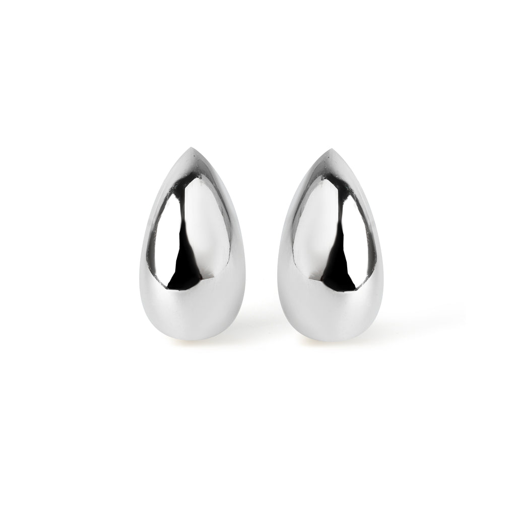 Close-up of teardrop 925 sterling silver stud earrings with high-polish finish by Jewelry by Crimson