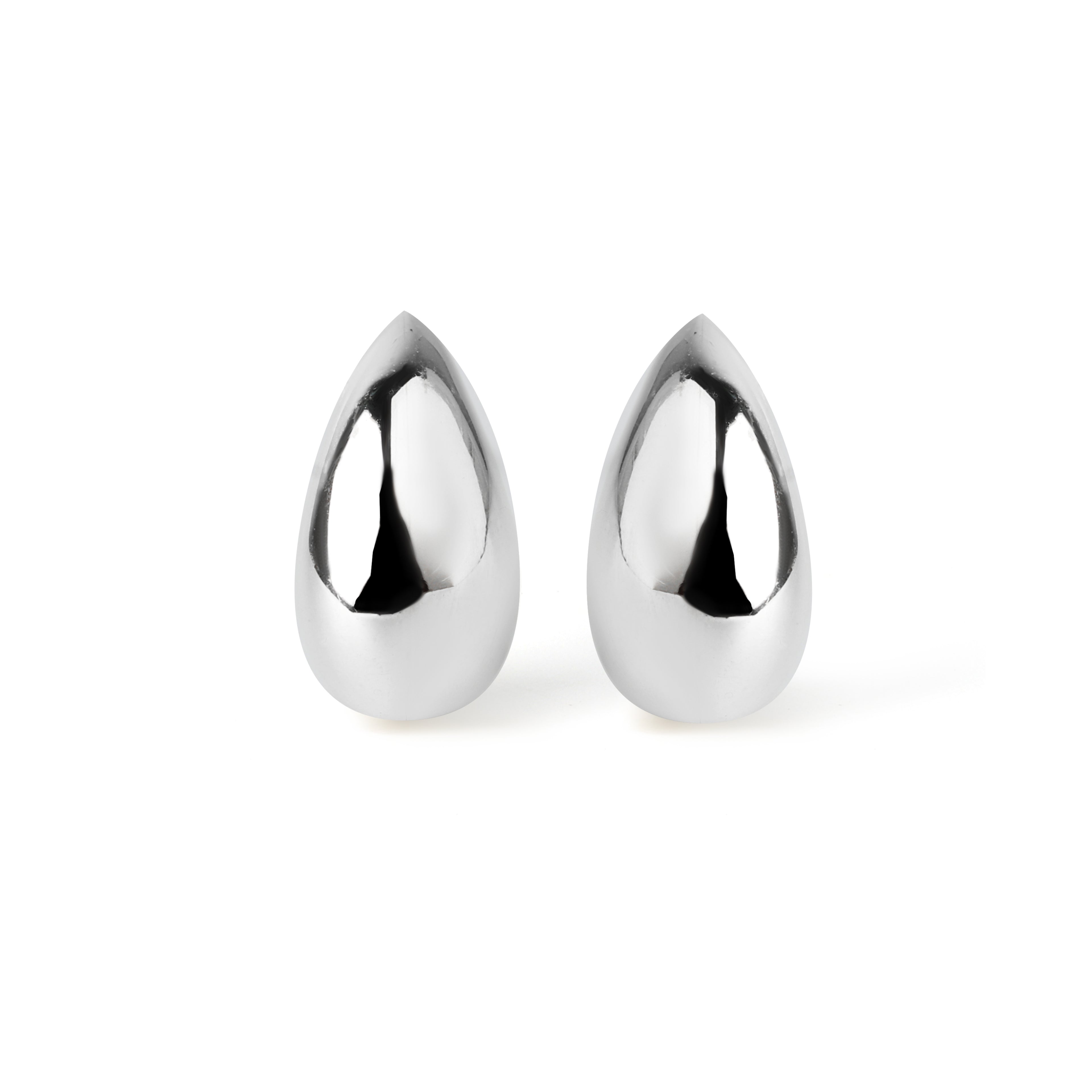 Close-up of teardrop 925 sterling silver stud earrings with high-polish finish by Jewelry by Crimson