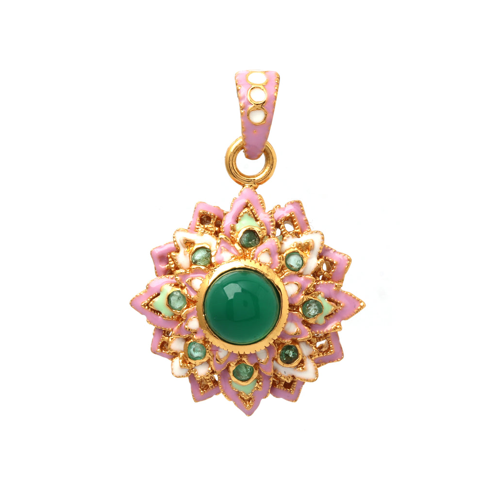 Gold plated onyx pendant with emerald accents in 925 sterling silver