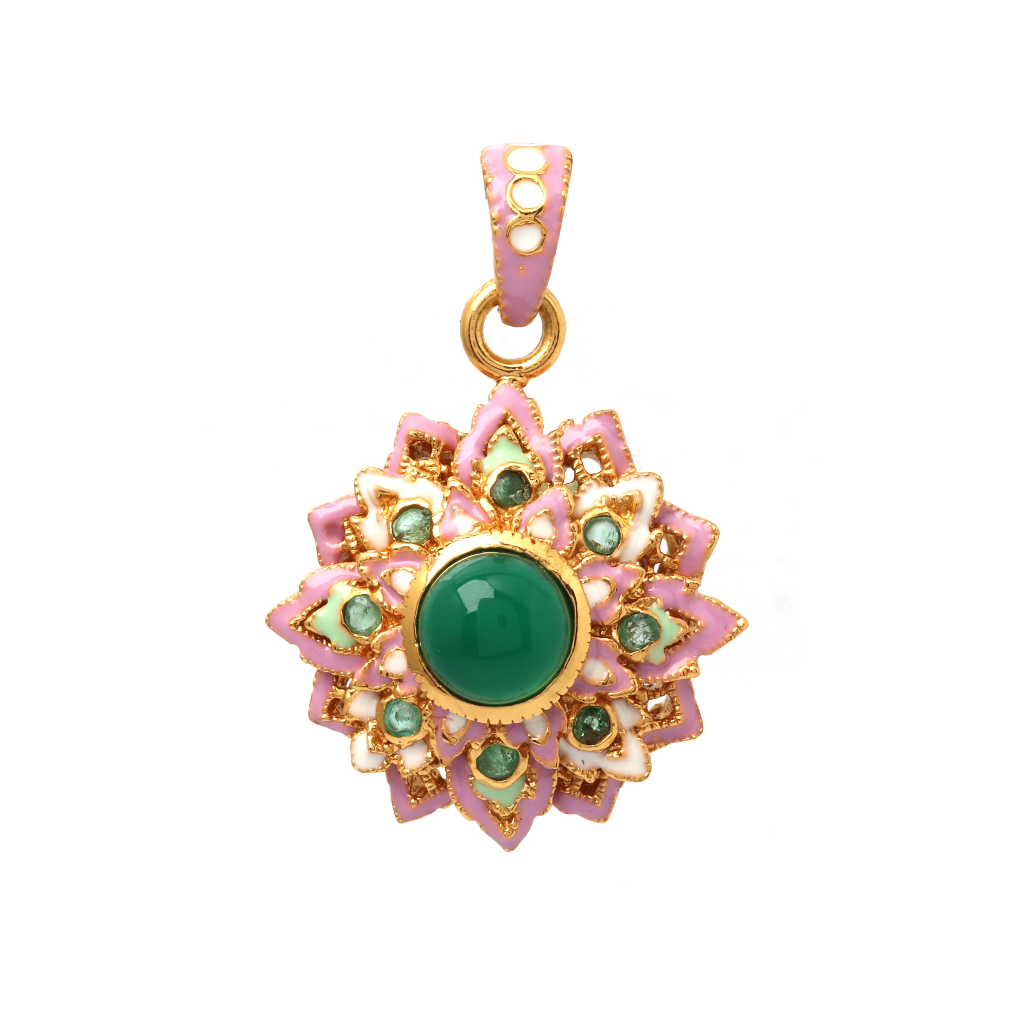 Gold plated onyx pendant with emerald accents in 925 sterling silver