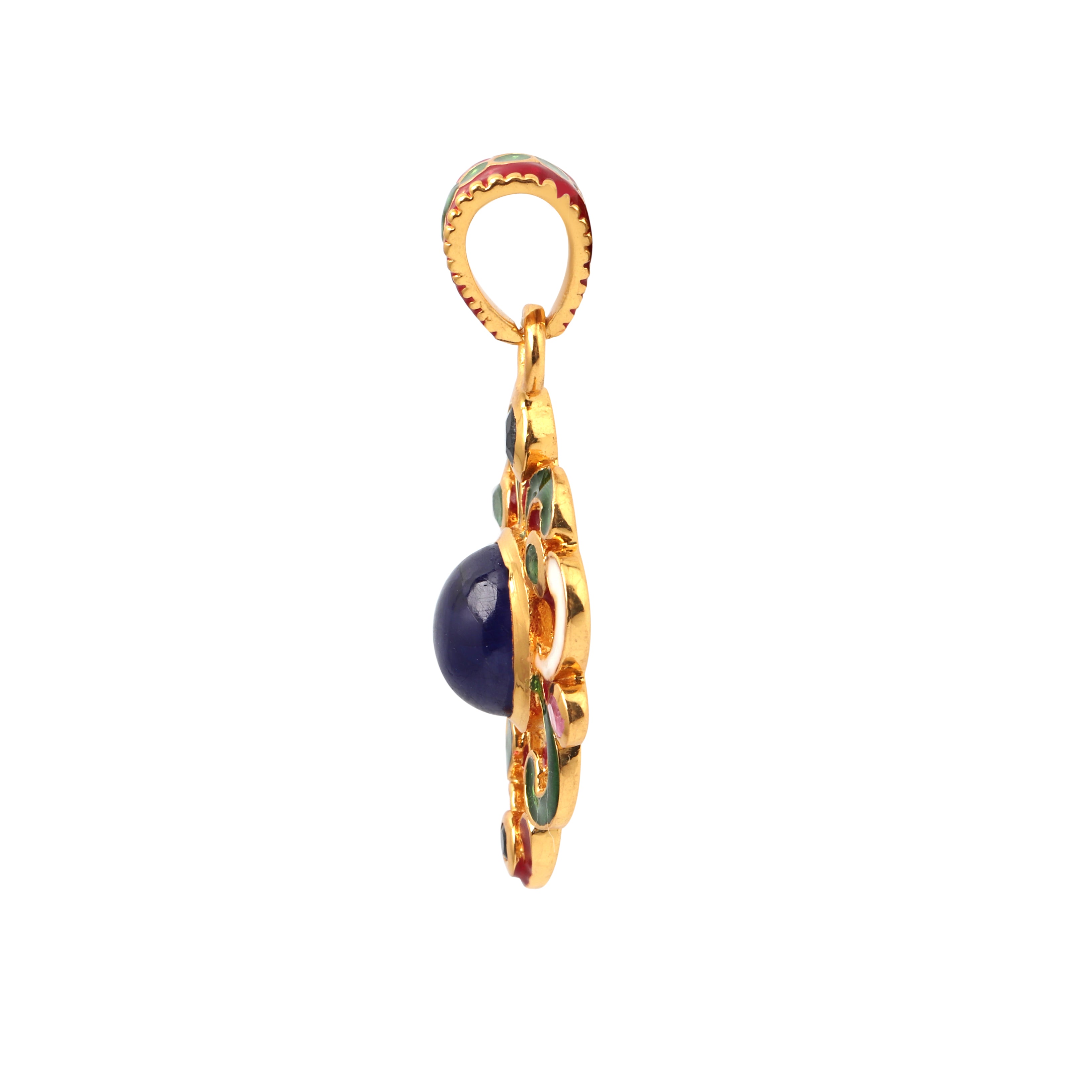 Luxury blue sapphire pendant with red and green enamel accents