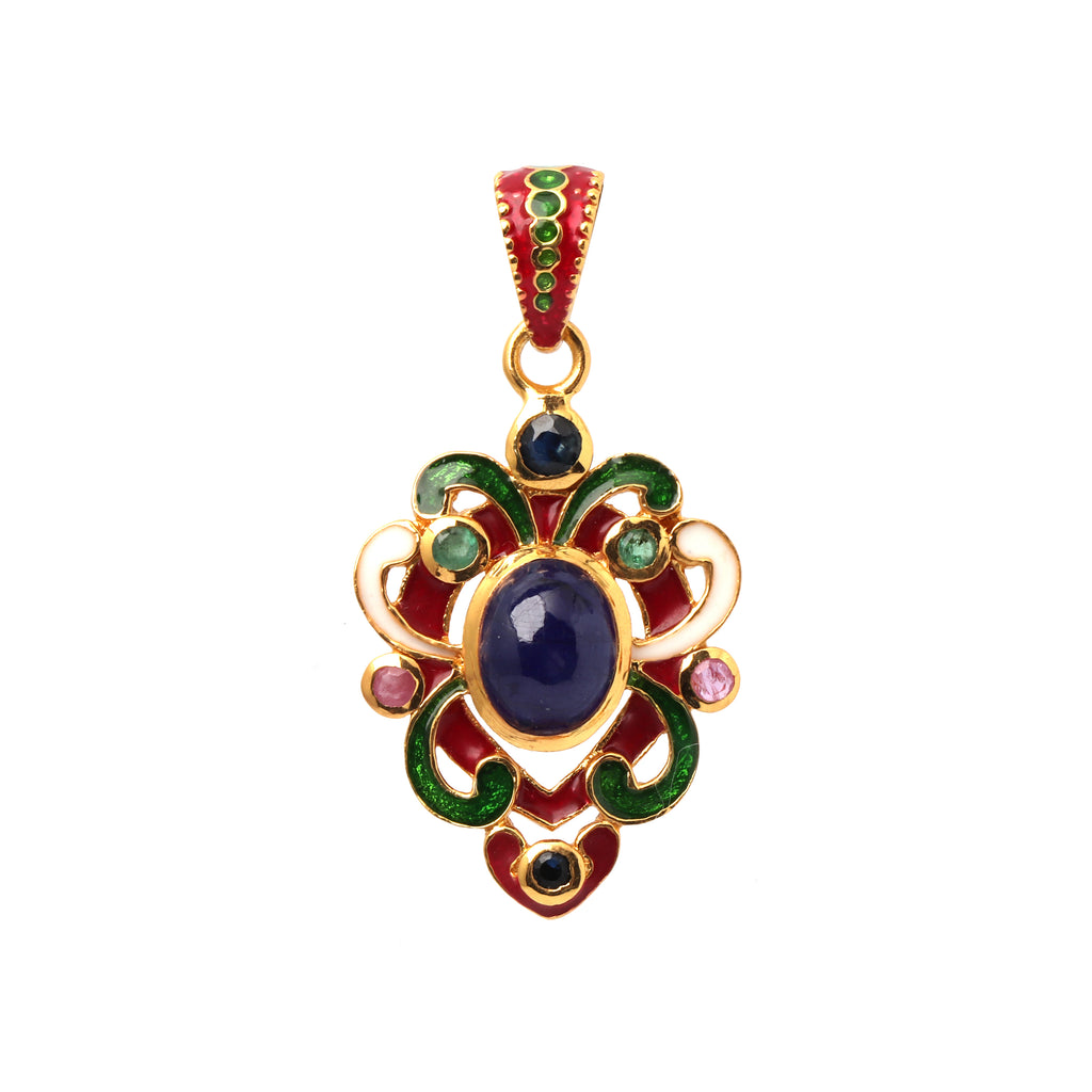 Gold plated sapphire pendant in 925 sterling silver with enamel detailing